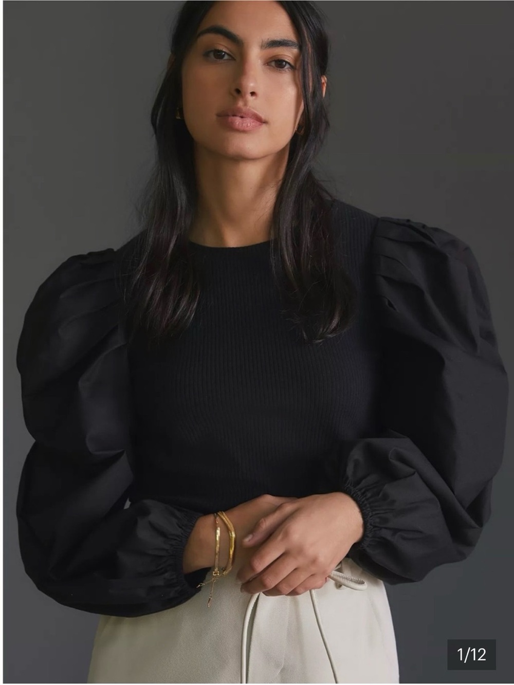 NWT- ANTHROPOLOGIE- Lea & Viola Black Puff-Sleeve Ribbed Long Sleeve Top- XL